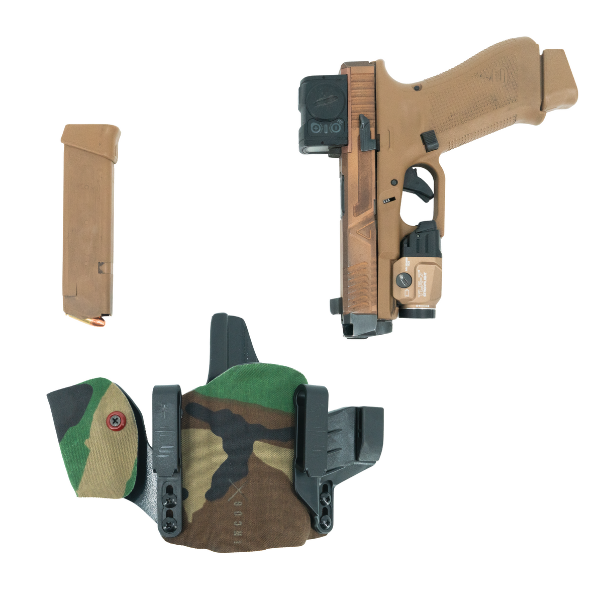 Haley Strategic Incog X Holster - Glock 17/19 — M81 Woodland, Small Light + Mag Caddy Left, product view 2