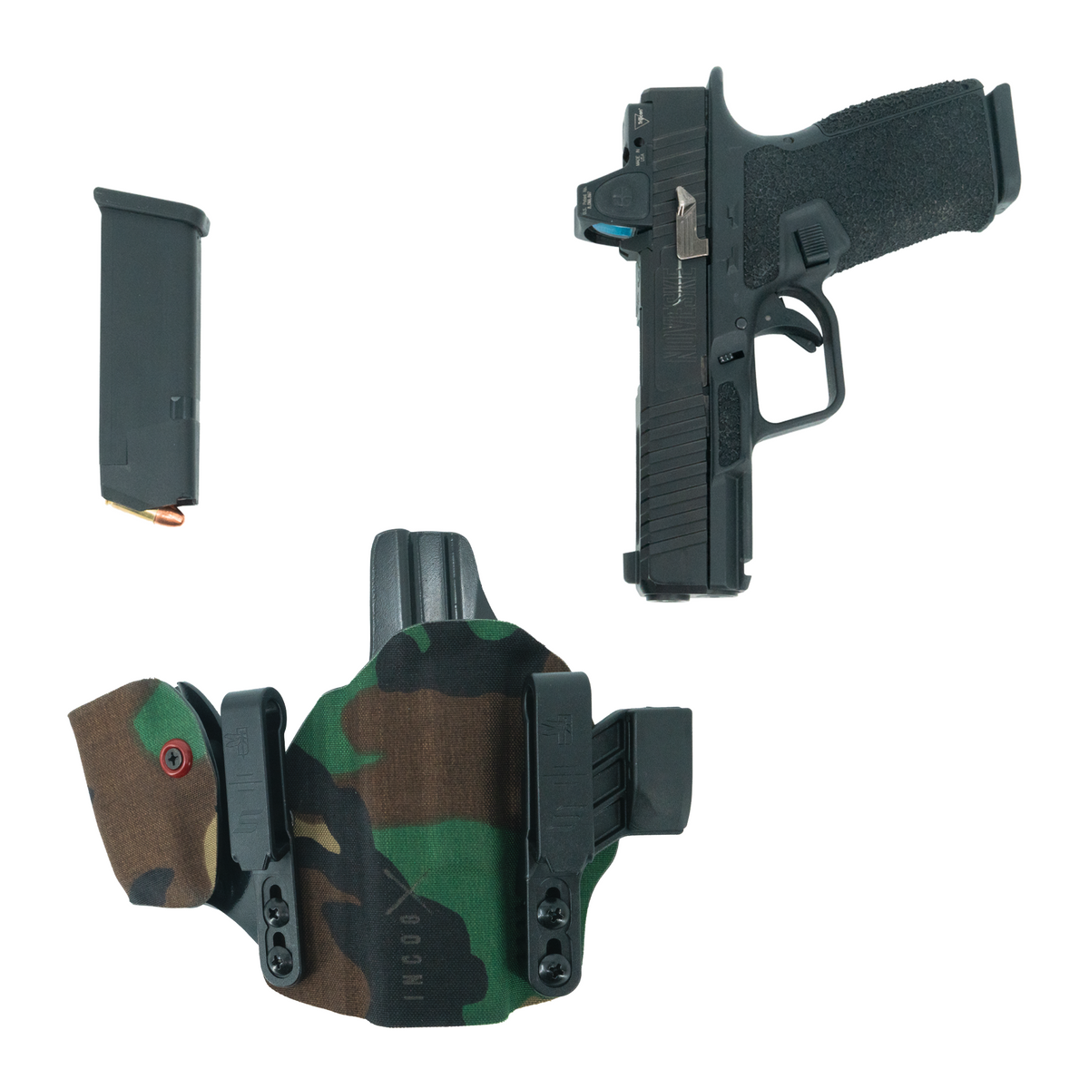 Haley Strategic Incog X Holster - Glock 17/19 — M81 Woodland, No Light + Mag Caddy Left, product view 2