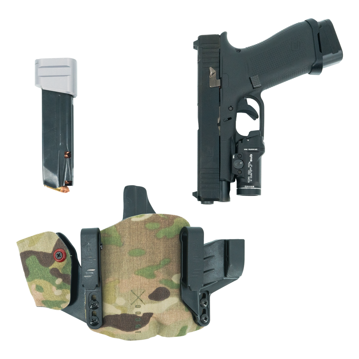 Haley Strategic Incog X Holster - Glock 43X/48 — Multicam, Small Light + Mag Caddy Left, product view 2