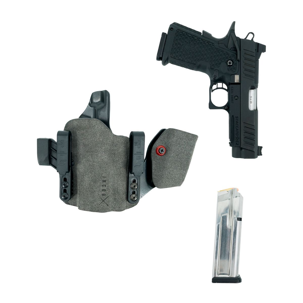 Haley Strategic Incog X Holster - Staccato CS/C2/P — Grey, No Light + Mag Caddy Right, product view 11