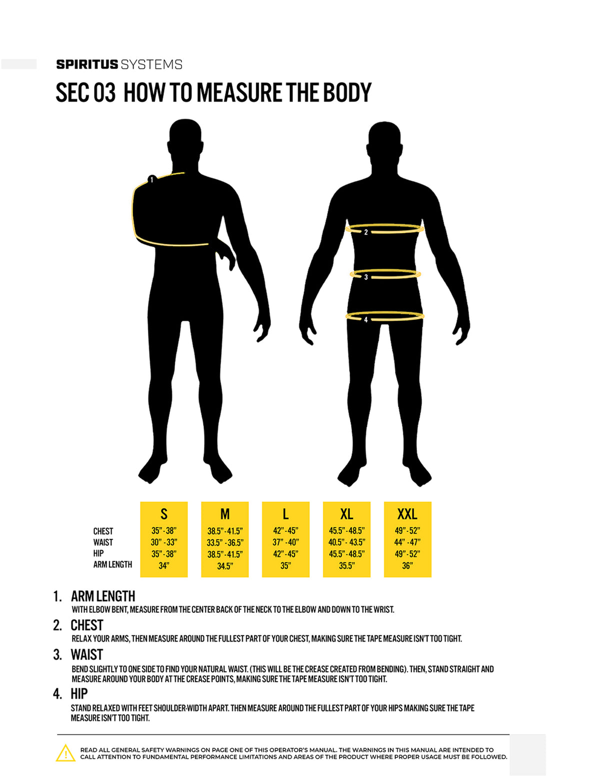 Spiritus Systems Mission Hoodie - body measurement instructions and manufacturer size chart