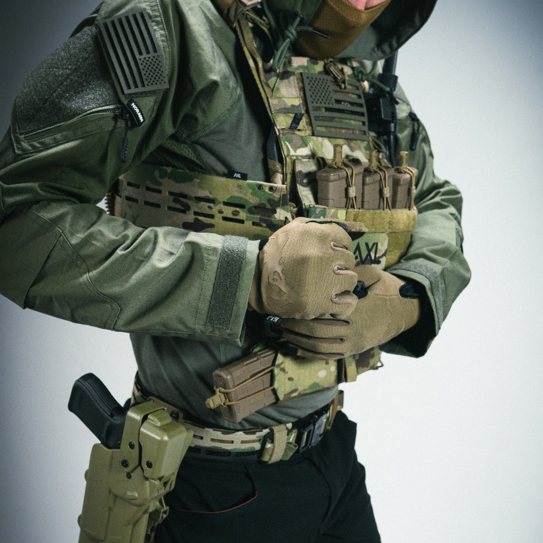 AXL Advanced Equinox Cummerbund Kit – Standard Adapters – Multicam – operator wearing patterned cummerbund