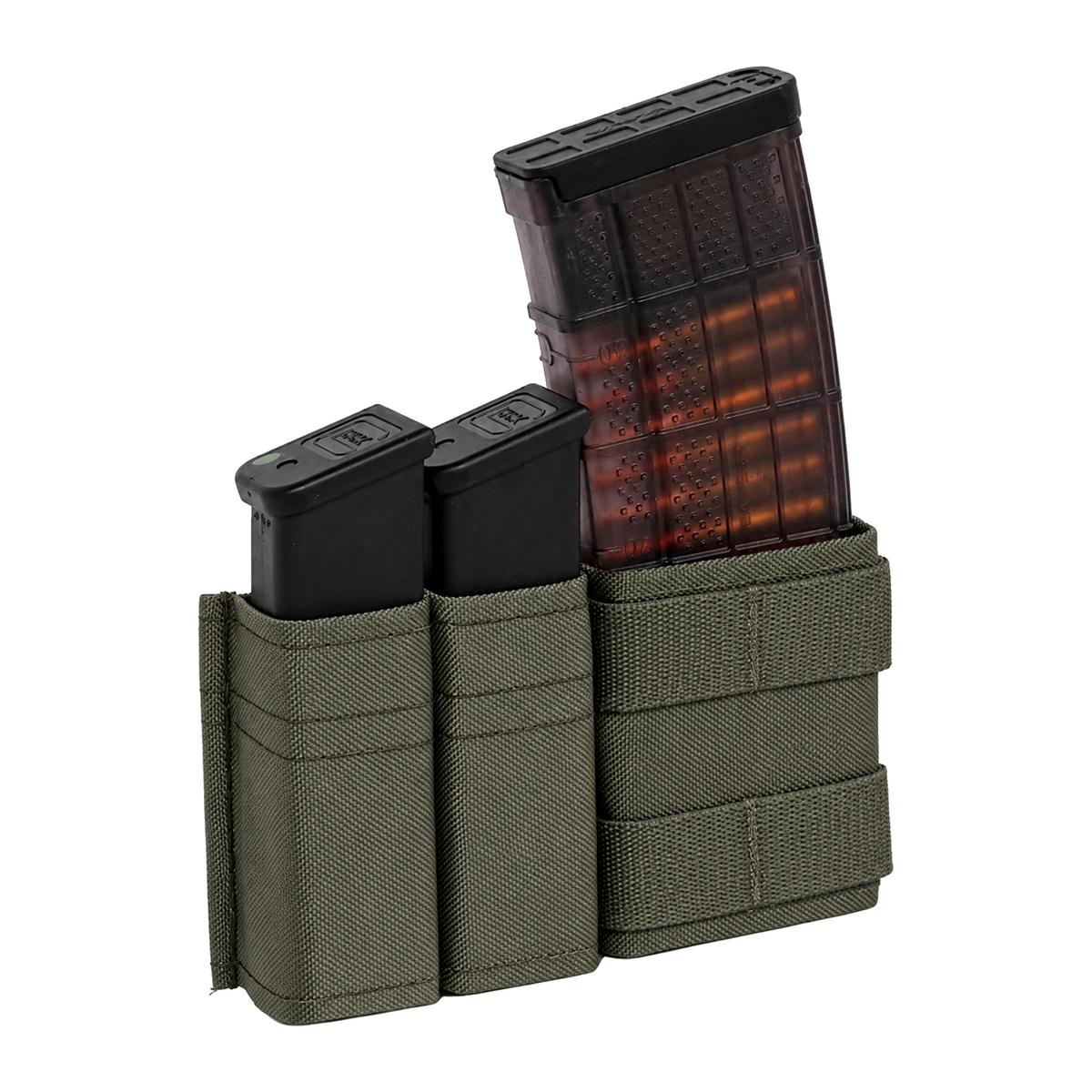 Esstac 2x Pistol + 1x 5.56 Shorty Side By Side KYWI Pouch - Ranger Green / Webbing - colour illustration based on Esstac manufacturer photograph