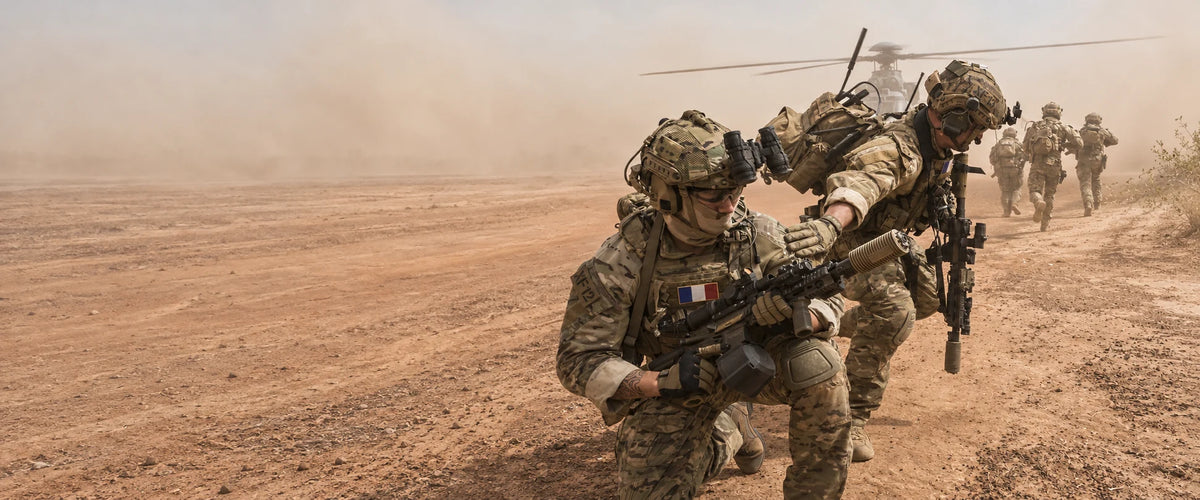 Tactical team beside a helicopter in rotor dust – expanded Platatac photograph