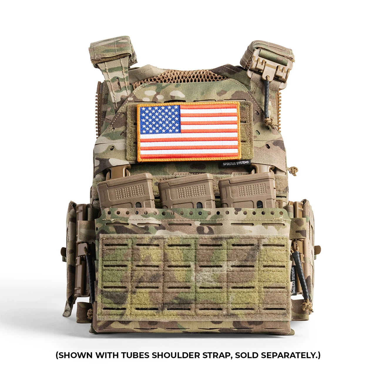 Spiritus Systems LV-120 Plate Carrier Kit in MultiCam – Frontansicht mit MK5 und einem optionalen Tubes-Schultergurt #color_multicam