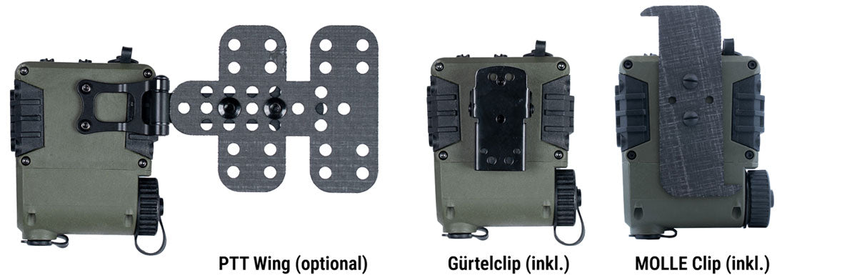 Falconclaw PTT – Befestigungsoptionen: optionaler PTT Wing sowie enthaltener Gürtel- und MOLLE-Clip
