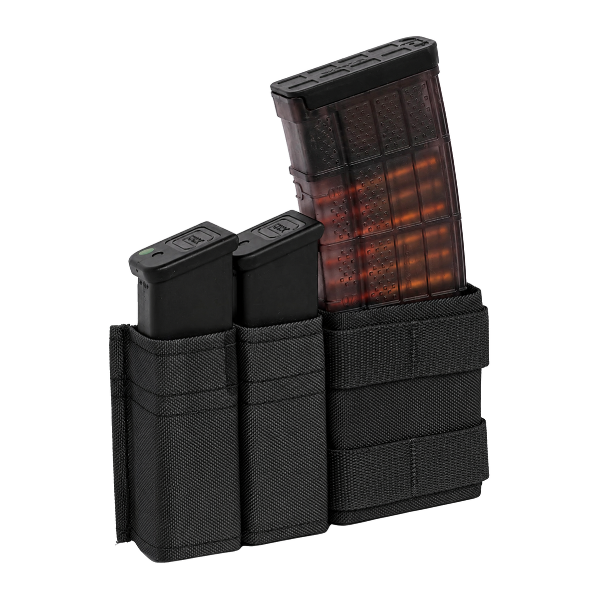 Esstac 2x Pistol + 1x 5.56 Shorty Side By Side KYWI Pouch - Black / Webbing - colour illustration based on Esstac manufacturer photograph