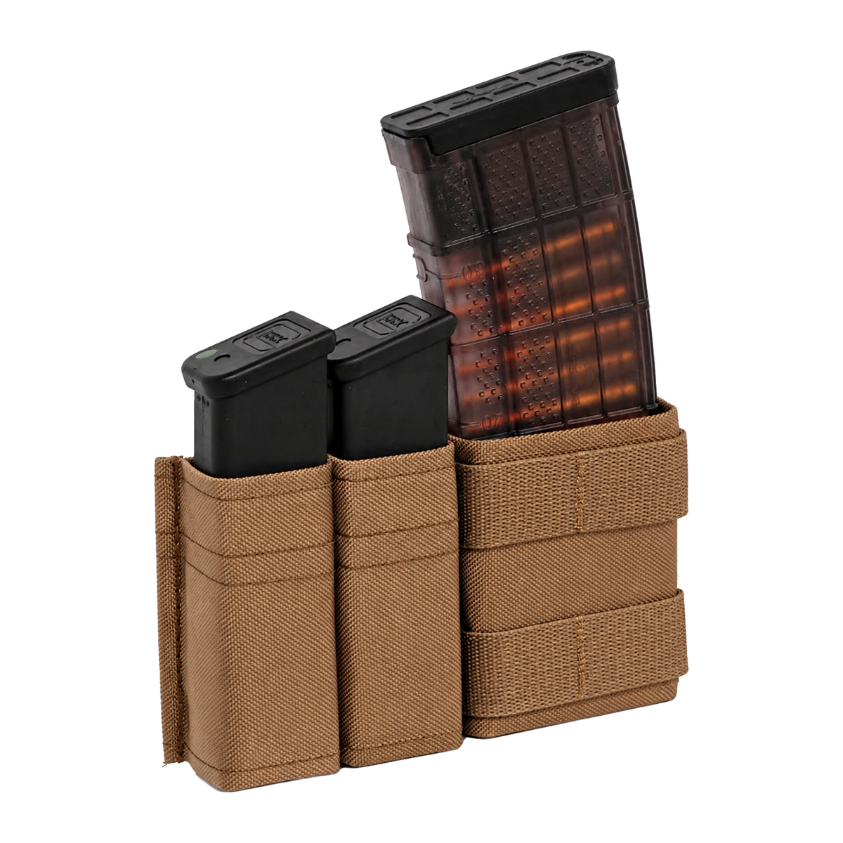 Esstac 2x Pistol + 1x 5.56 Shorty Side By Side KYWI Pouch - Coyote Brown / Webbing - colour illustration based on Esstac manufacturer photograph