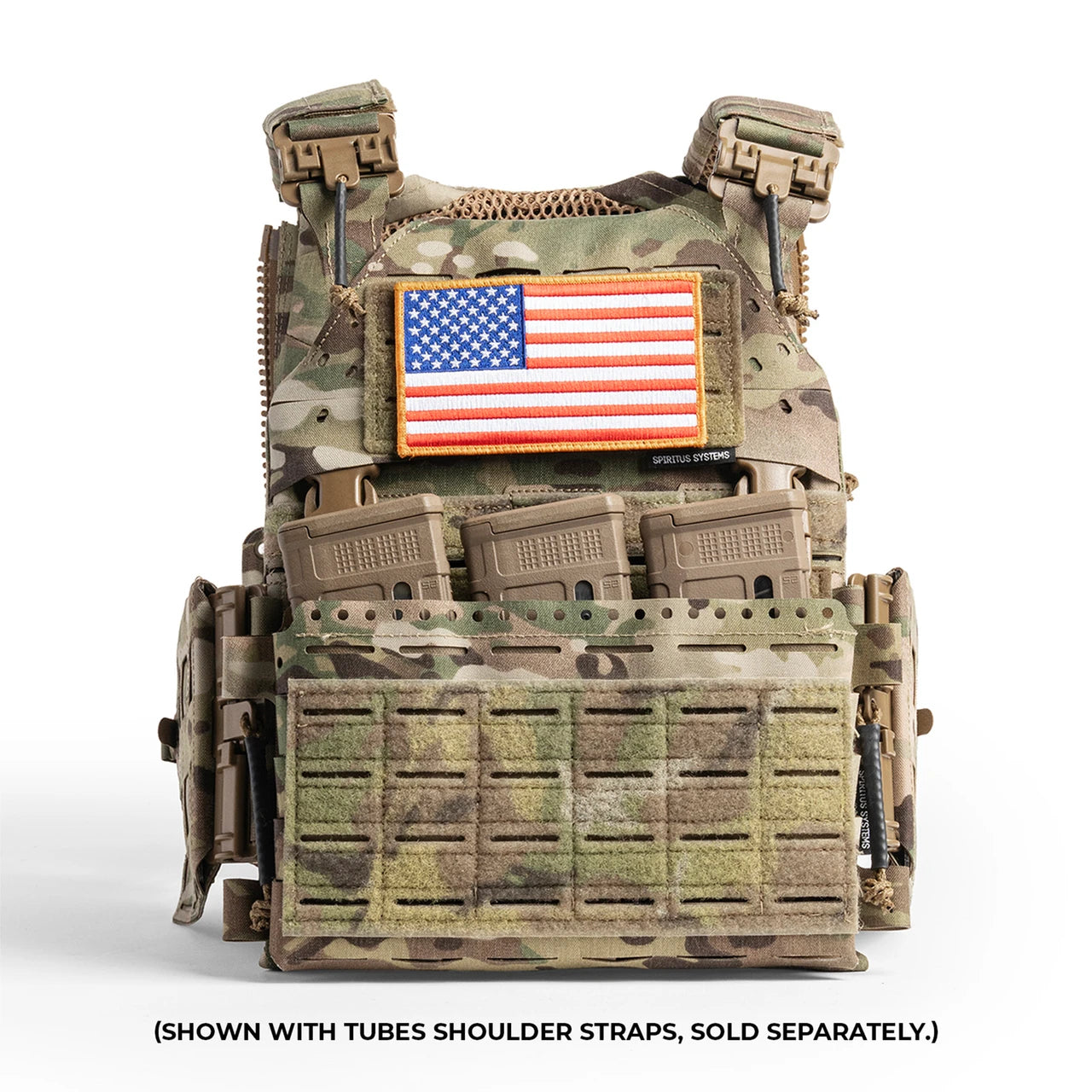 Spiritus Systems LV-120 Plate Carrier Kit in MultiCam – Frontansicht mit MK5 und zwei optionalen Tubes-Schultergurten #color_multicam